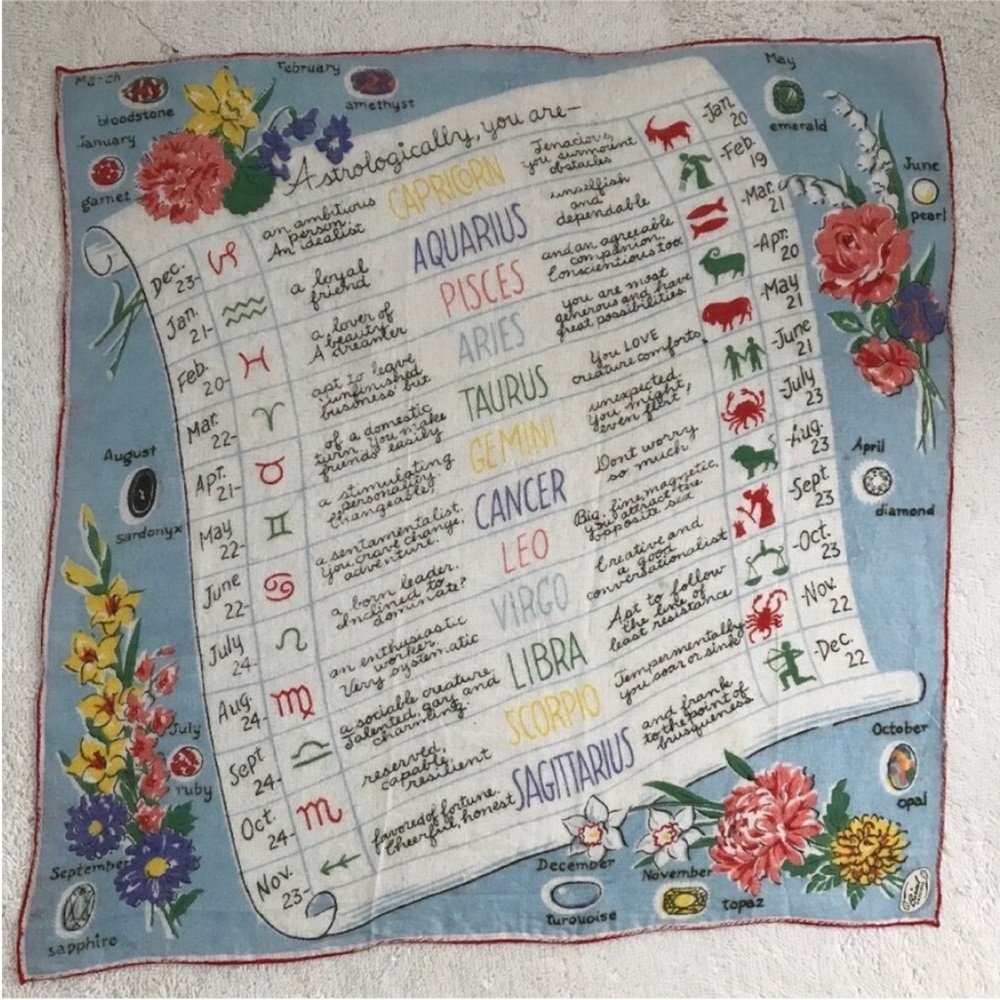 WOMENS BLUE BANDANA SCARF SQUARE COTTON FINE WOVEN ASTROLOGY BIRTH SIGN